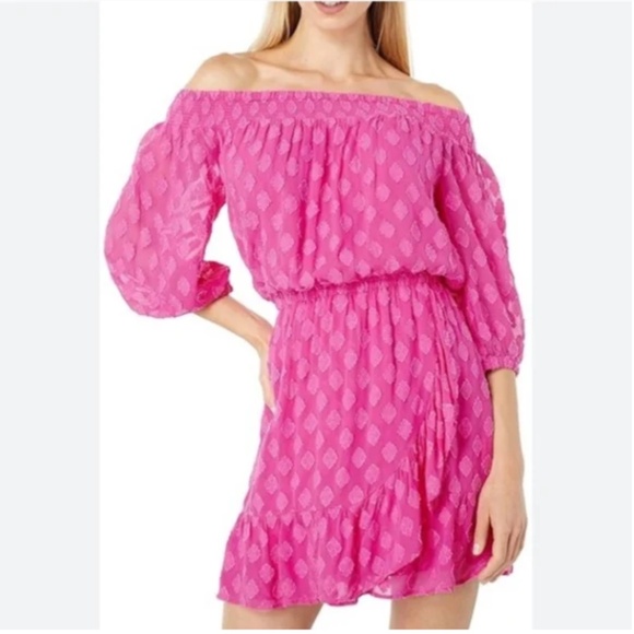 Lilly Pulitzer Rochelle Off-the-Shoulder Romper, Plumeria Pink Daiquiri Ditsy XL - Picture 1 of 8